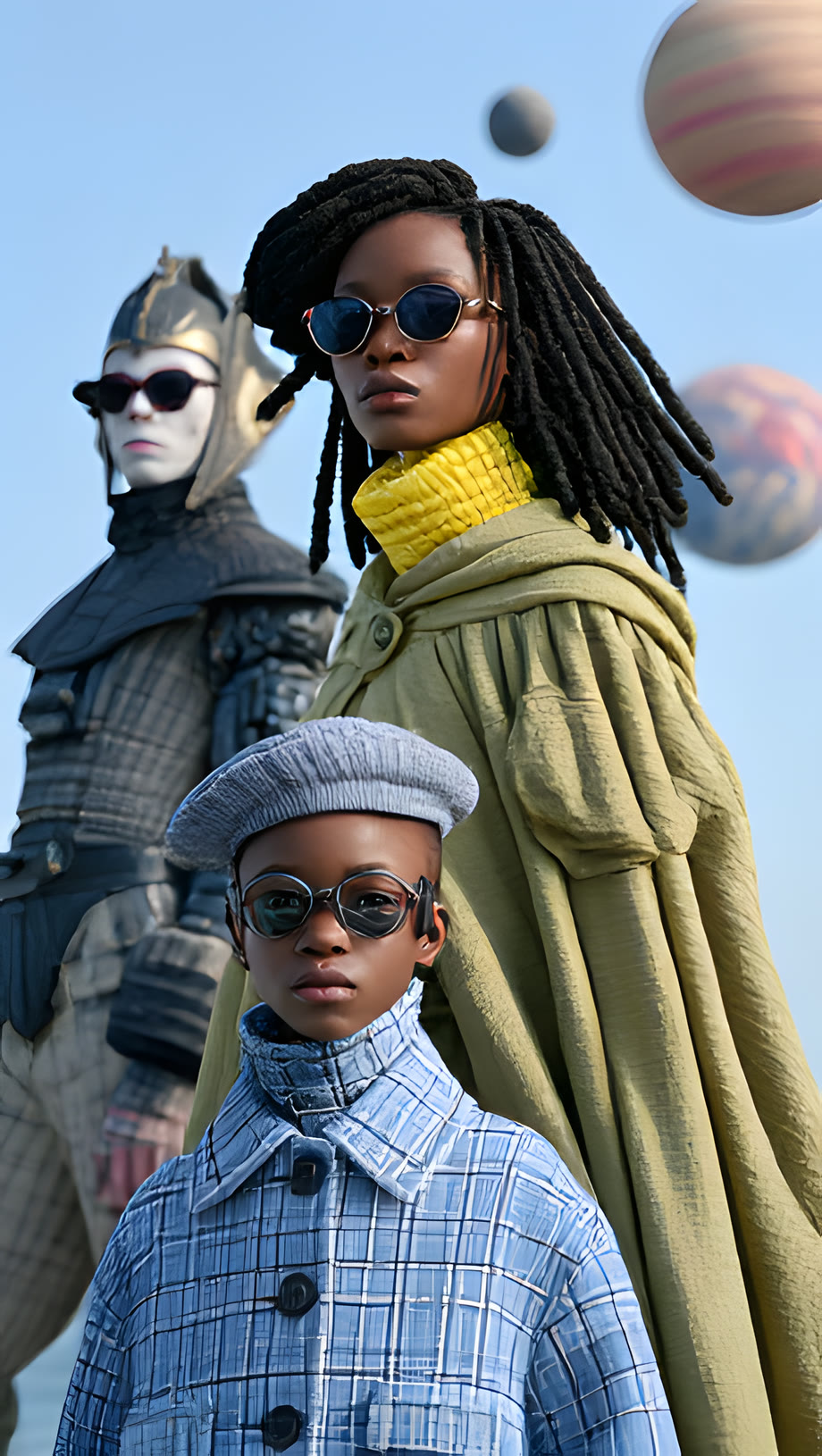 AI fashion editorial — tweed, sunglasses and planets in a pale sky