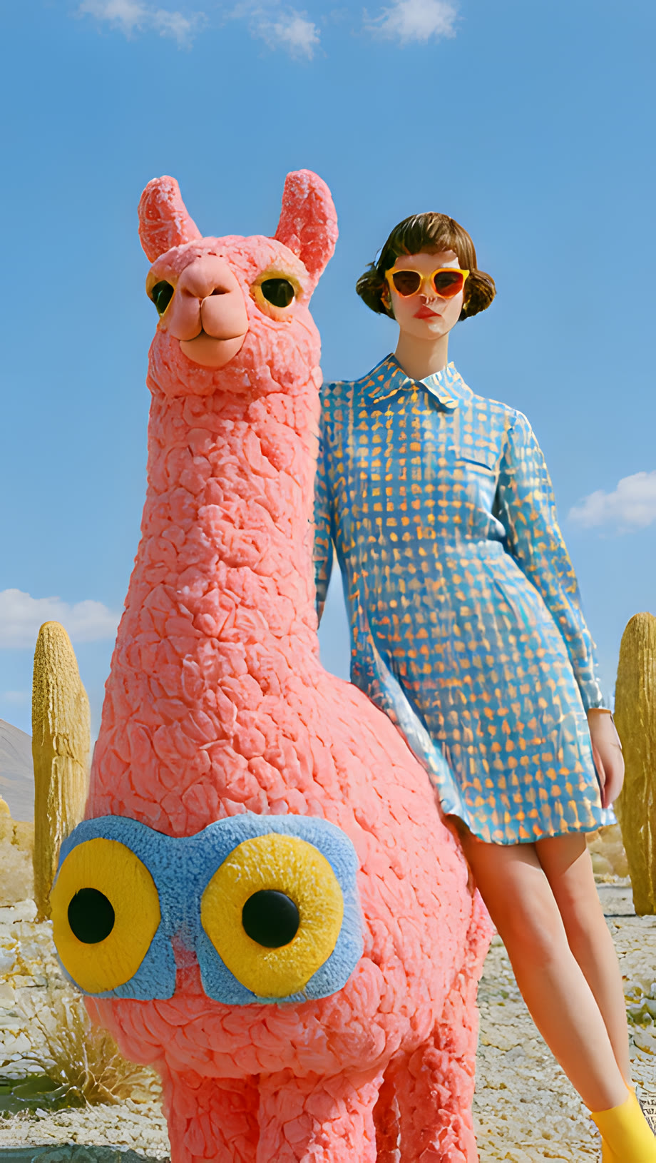 AI fashion editorial — a woman beside a giant pink llama in the desert